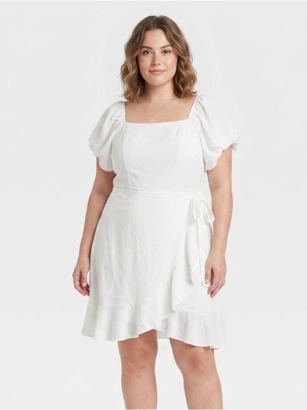 Source Unknown White Puff-Sleeve Wrap Mini Dress